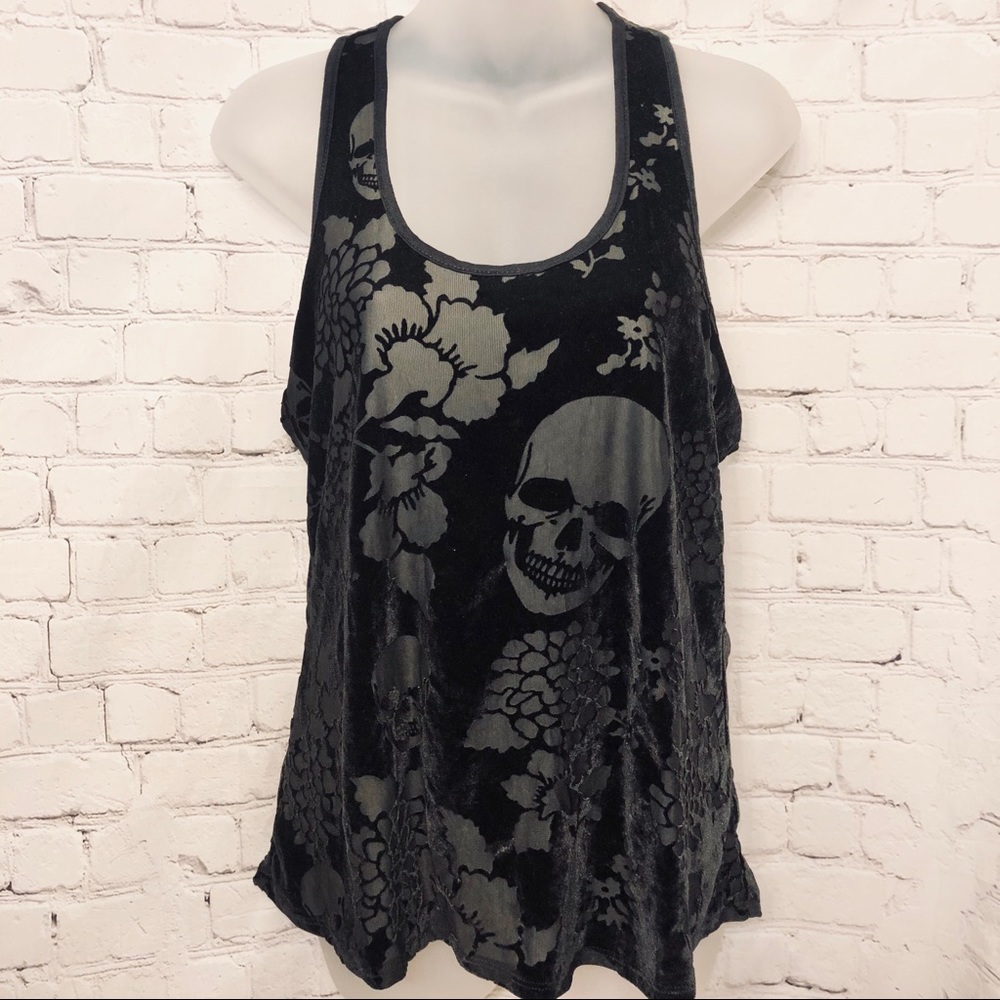 TEENAGE RUNAWAY BLACK VELVET SKULL BURNOUT TANK